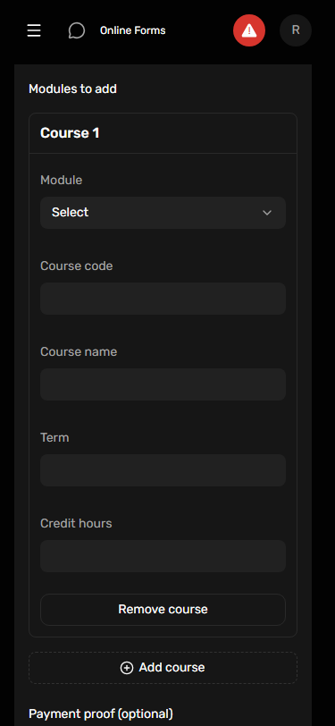 Dark portal UI: Source form course rows at phone width