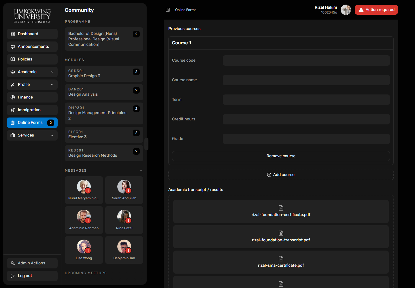 Dark portal UI: Source form course rows at desktop width
