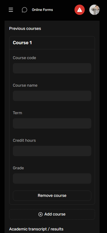 Dark portal UI: Source form course rows at phone width