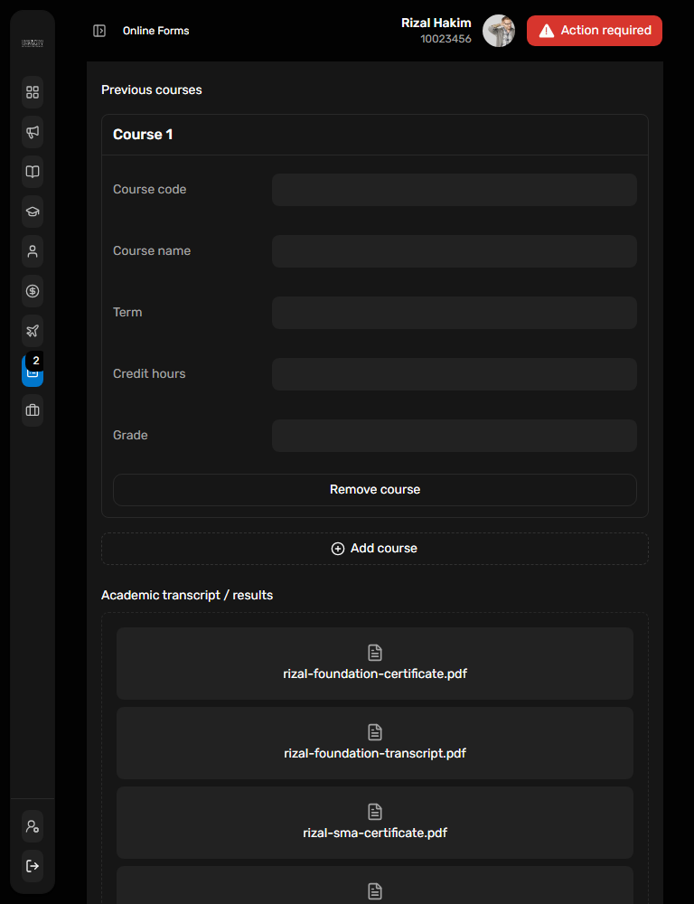 Dark portal UI: Source form course rows at tablet width