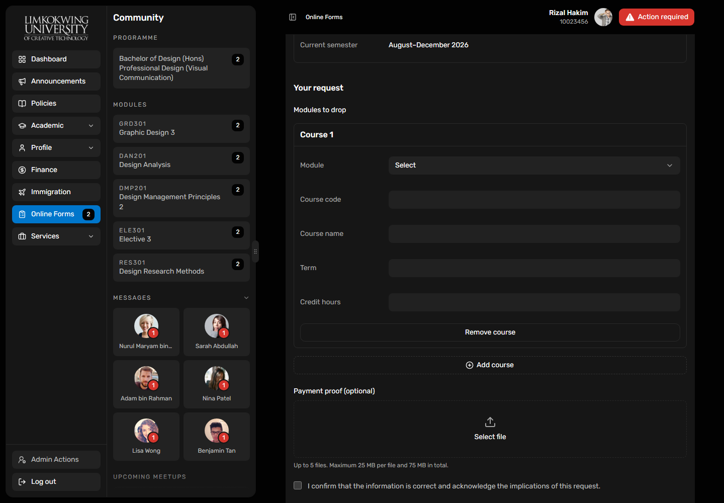 Dark portal UI: Source form course rows at desktop width