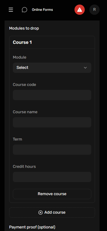 Dark portal UI: Source form course rows at phone width