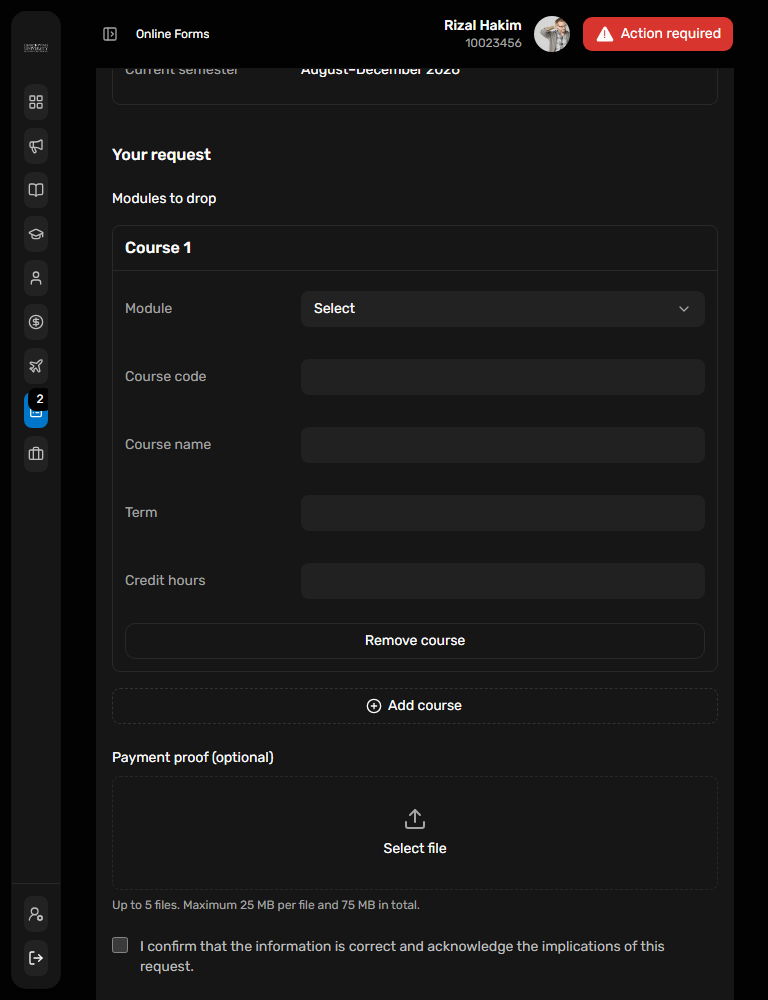 Dark portal UI: Source form course rows at tablet width
