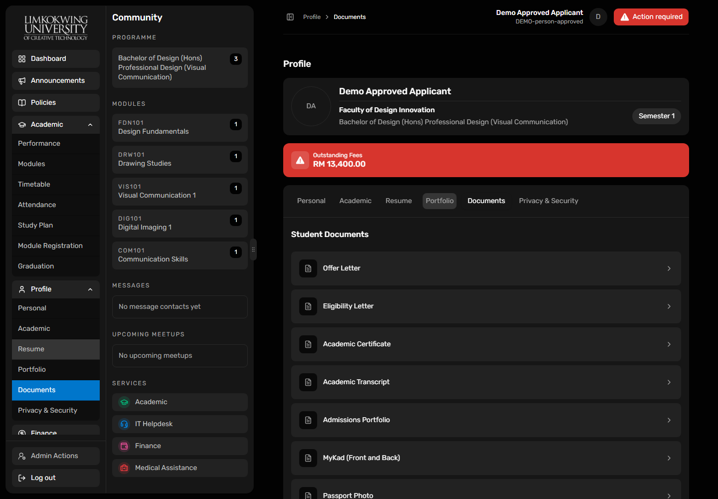 Dark portal UI: Student document order at desktop width