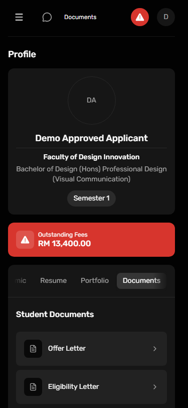 Dark portal UI: Student document order at phone width