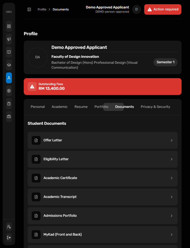 Dark portal UI: Student document order at tablet width