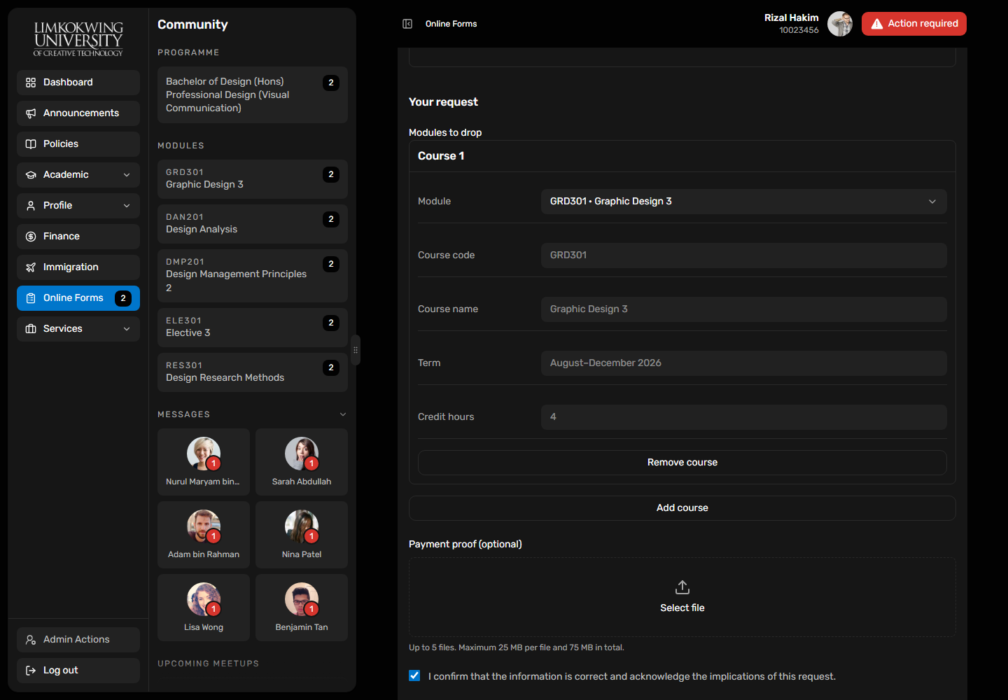 Dark portal UI: Source form course rows at desktop width