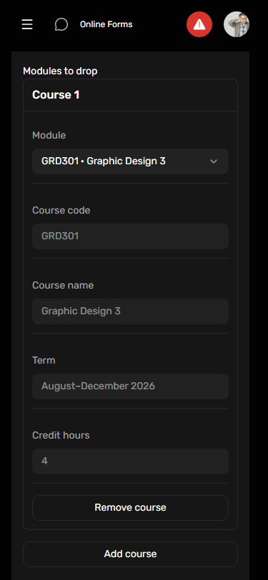 Dark portal UI: Source form course rows at phone width