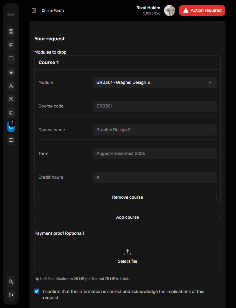 Dark portal UI: Source form course rows at tablet width