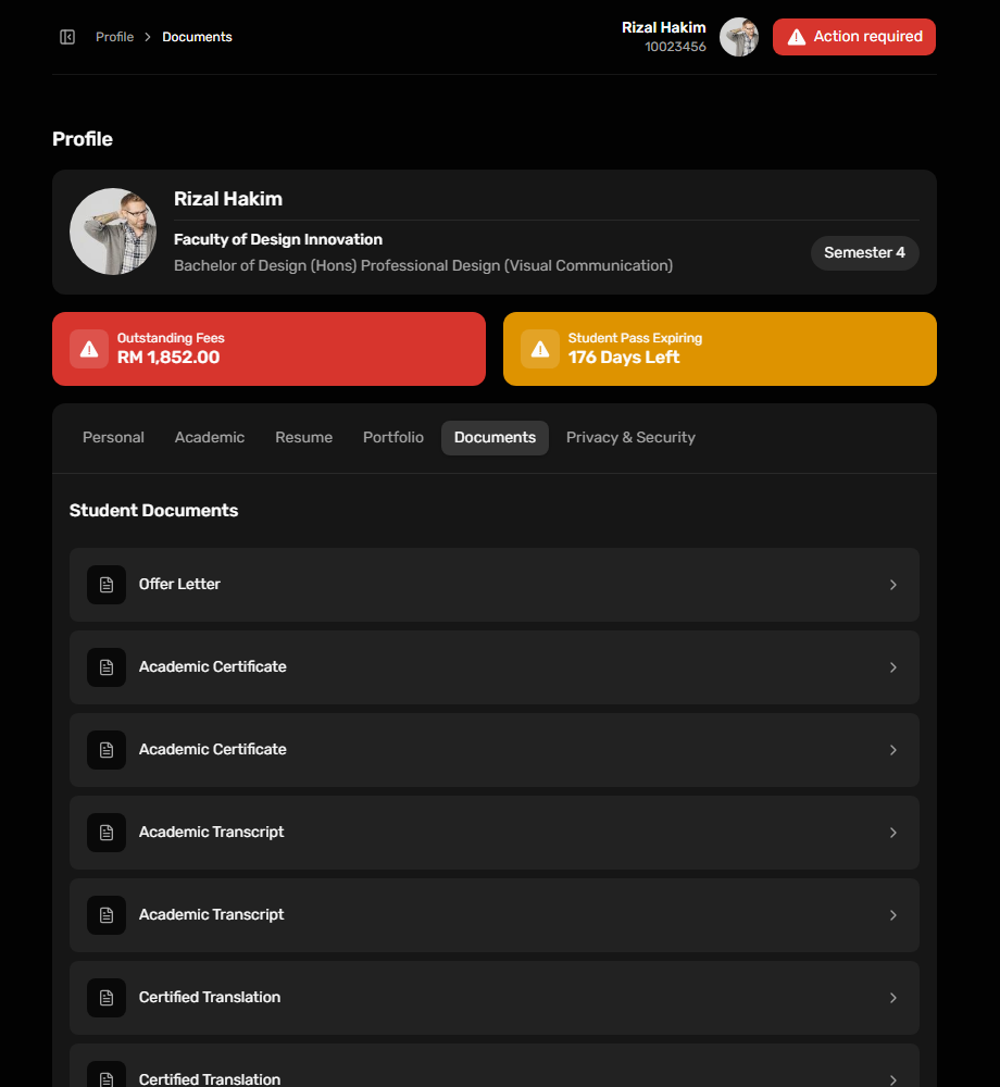 Dark portal UI: Student document order at desktop width