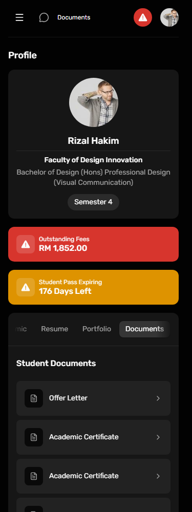 Dark portal UI: Student document order at phone width