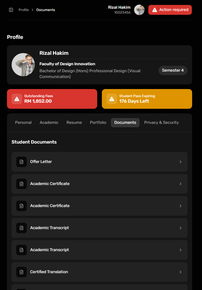 Dark portal UI: Student document order at tablet width