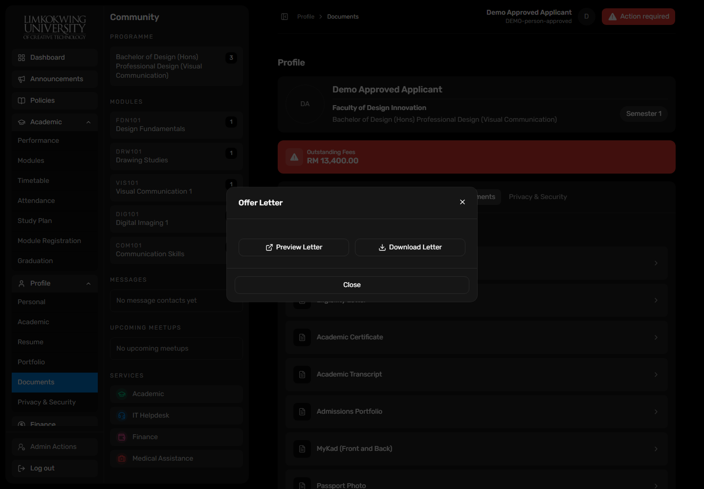 Dark portal UI: Student document order at desktop width