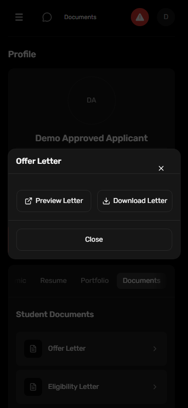 Dark portal UI: Student document order at phone width