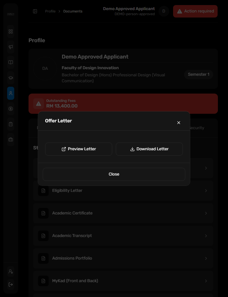 Dark portal UI: Student document order at tablet width