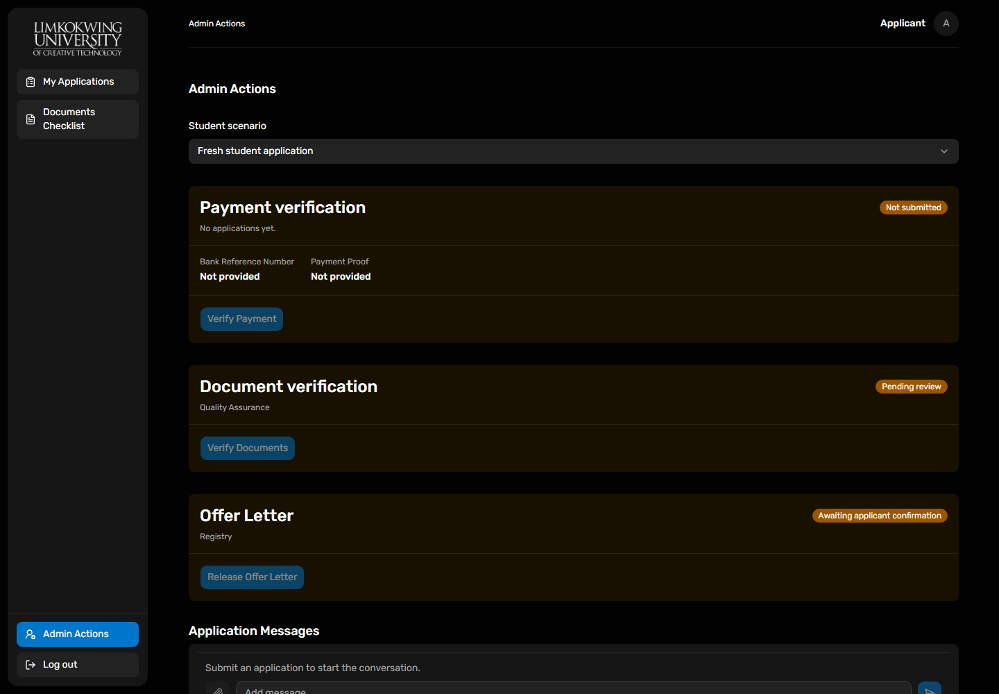 Dark portal UI: Applicant scenario field at desktop width