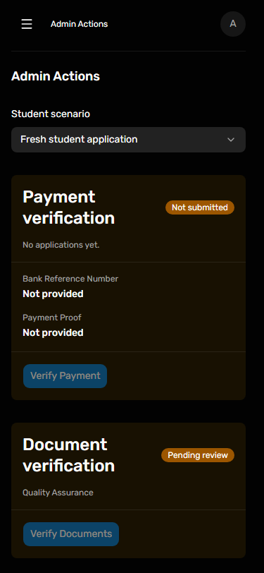 Dark portal UI: Applicant scenario field at phone width
