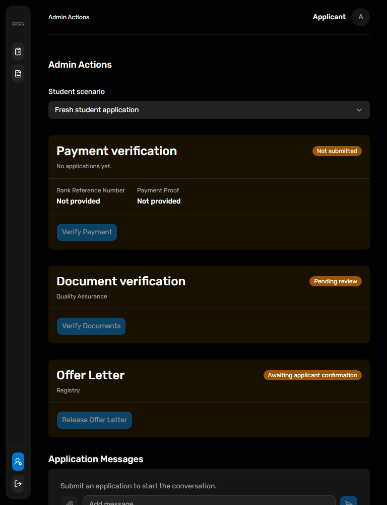 Dark portal UI: Applicant scenario field at tablet width