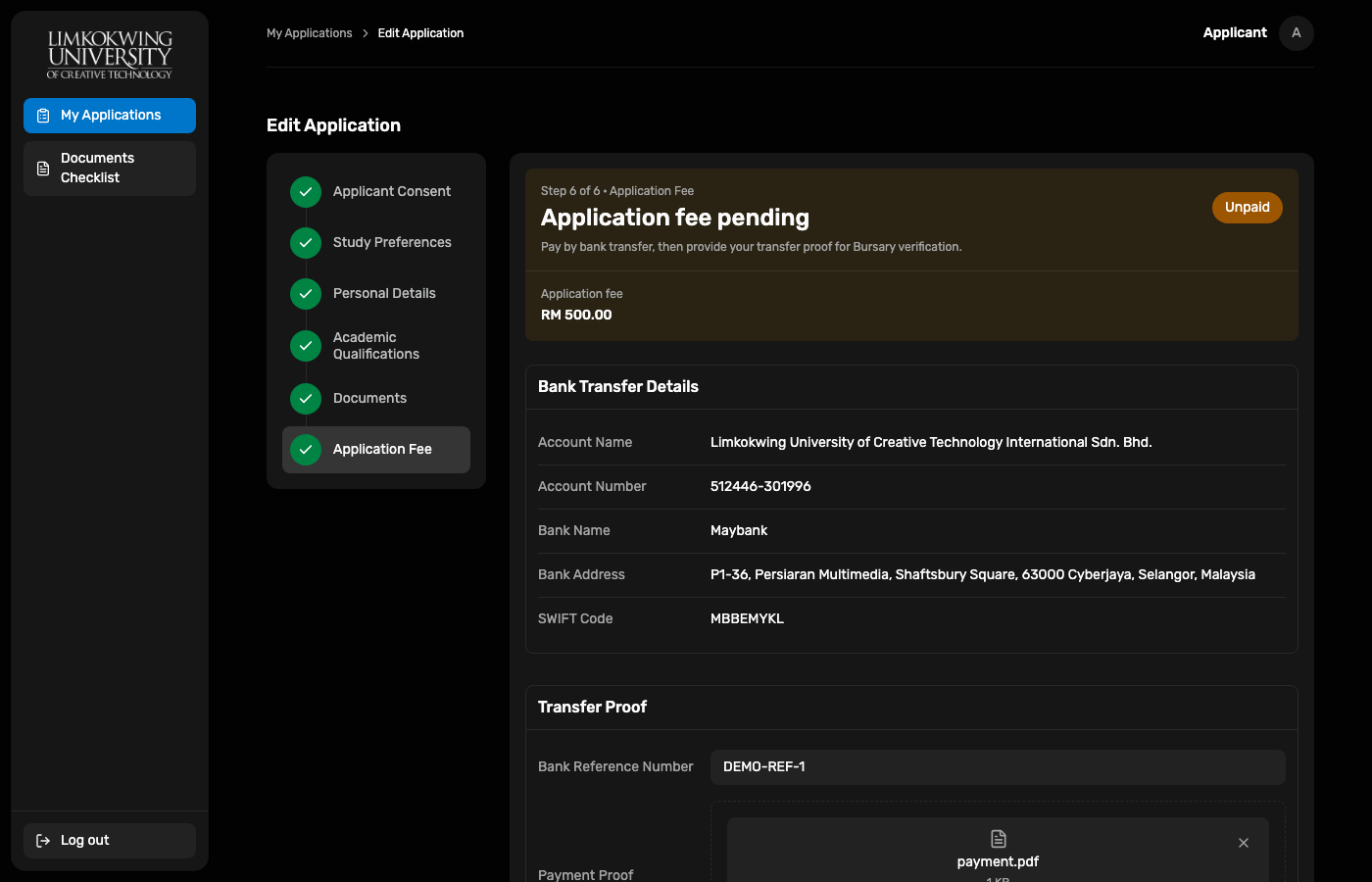 Application fee step with bank reference and payment.pdf