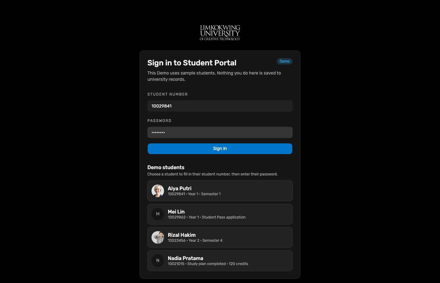 Student Portal sign-in for Alya Putri