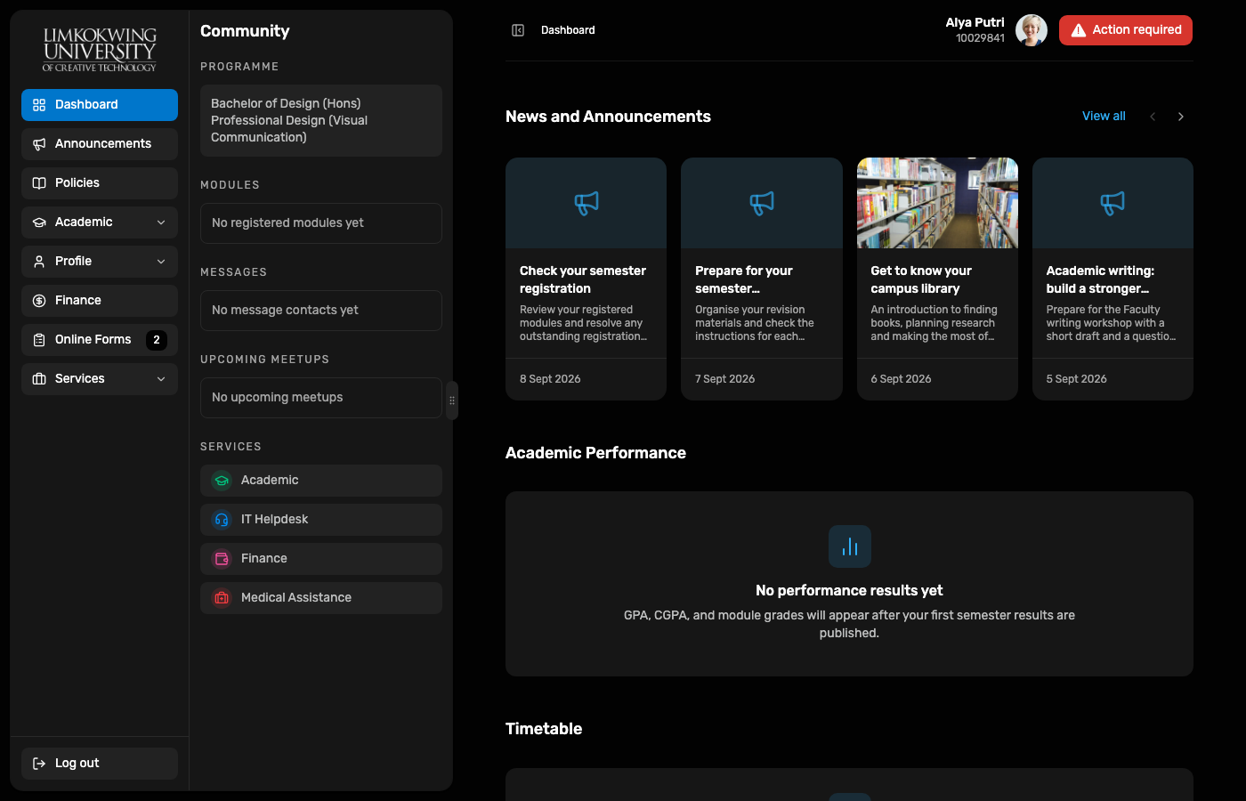 Student dashboard for Alya Putri