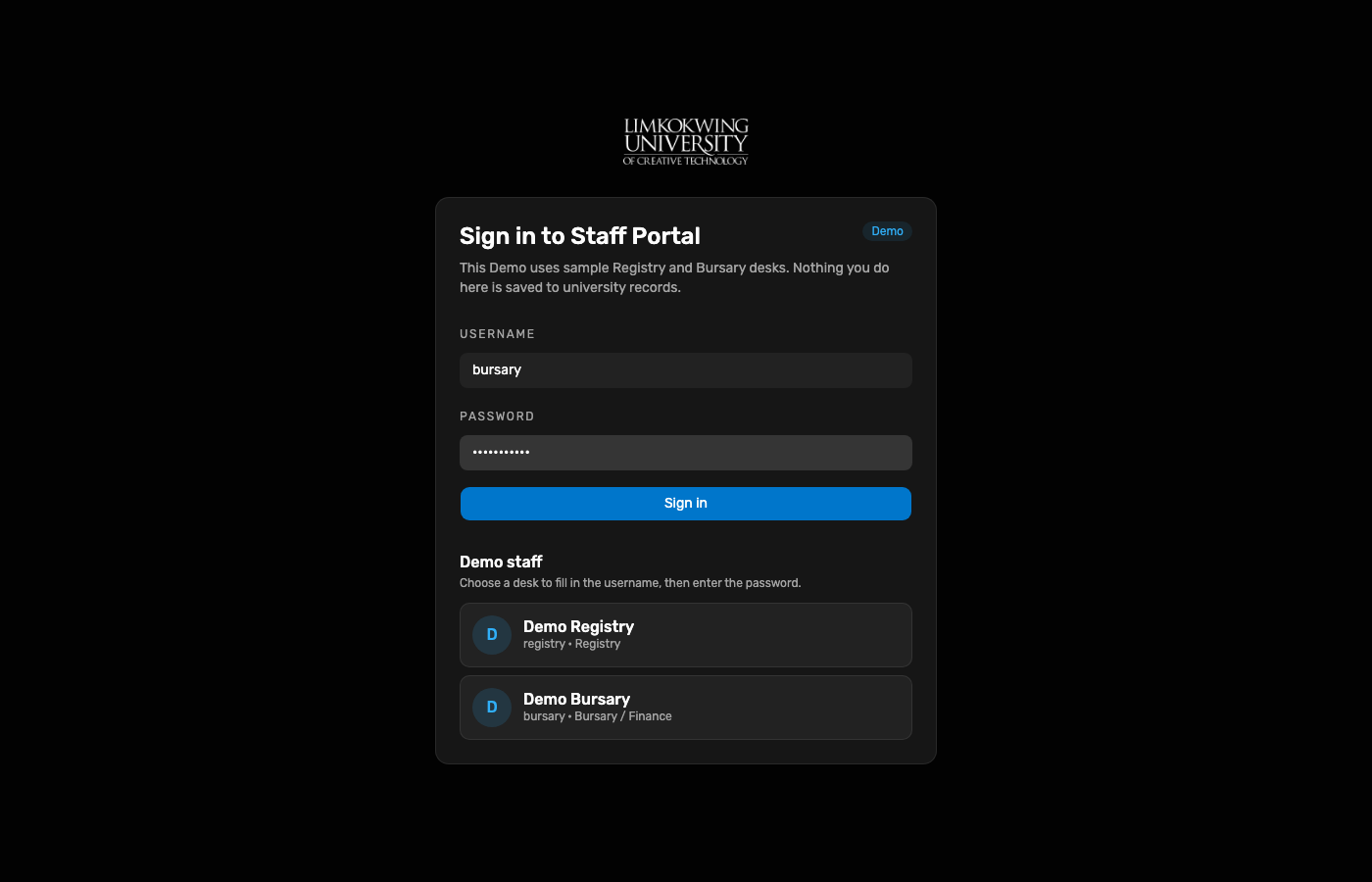 Staff Portal Bursary sign-in